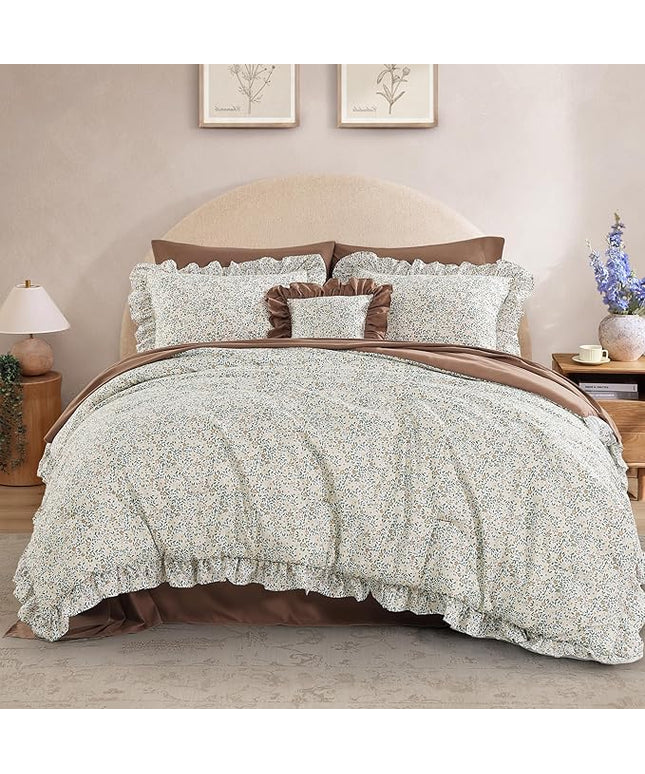 Twin XL Comforter Set - 5 Pieces Ruffle Beige Ditzy Bedding Sets, Shabby Chic Farmhouse Bed in a Bag Twin XL with Floral Comforter, Sheets, Pillowcase & Sham