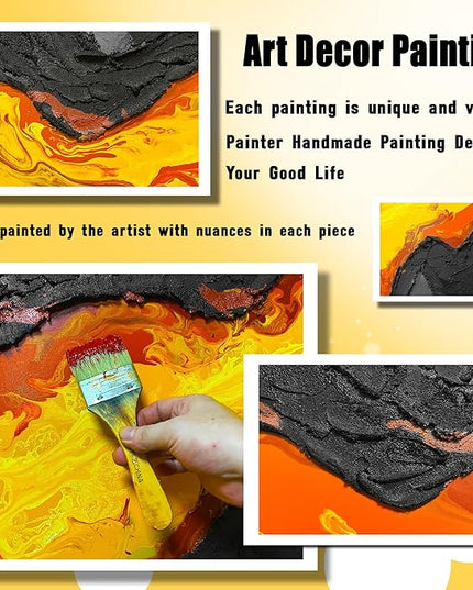 GUGIKA Large Abstract Wall Art for Living Room, Hand Painted 3D Textured Magma Paintings, Black and Gold Yellow Volcanic Lava Canvas Wall-Decor for Bedroom, Size 72x36 Inches