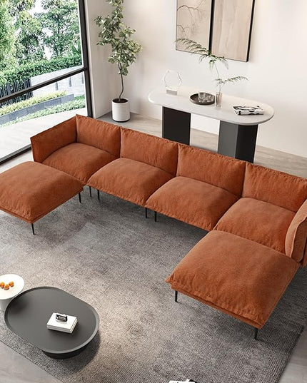 WJShome 147" Modern U-Shaped Couch for Living Room,Velvet Modular Sectional Sofa with Chaise,4-Seater Sofa with 2 Ottomans with Removable Cushions and 8" High Metal Legs, Easy to Clean, Terracotta