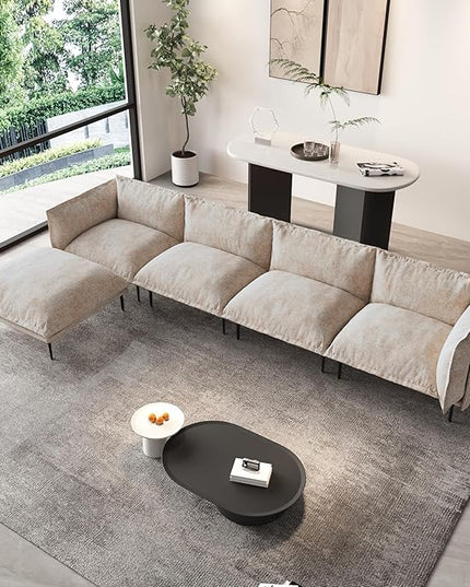 WJShome 147" Modern L-Shaped Couch for Living Room,Velvet Modular Sectional Sofa with Chaise,4-Seater Sofa with 1 Ottomans with Removable Cushions and 8" High Metal Legs, Easy to Clean, Oatmeal