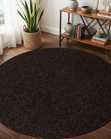 Beverly Rug Non-Slip Modern Rug 6 Round Solid Traditional Rubber Backing Machine Washable Soft Thin Indoor Area Rugs for Living Room Stain Resistant Non Shedding Casual Carpet (6 Round Brown)