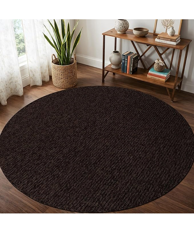Beverly Rug Non-Slip Modern Rug 6 Round Solid Traditional Rubber Backing Machine Washable Soft Thin Indoor Area Rugs for Living Room Stain Resistant Non Shedding Casual Carpet (6 Round Brown)