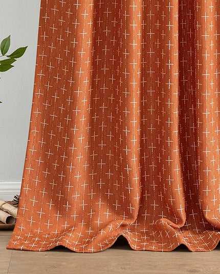 MIULEE Decorative Back Tab Linen Curtains with Geometric Pattern for Living Room Bedroom Farmhouse Rustic Thick Woven Textured Patterned Mudcloth Drapes 63 Inch Length 2 Panels Set, Burnt Orange