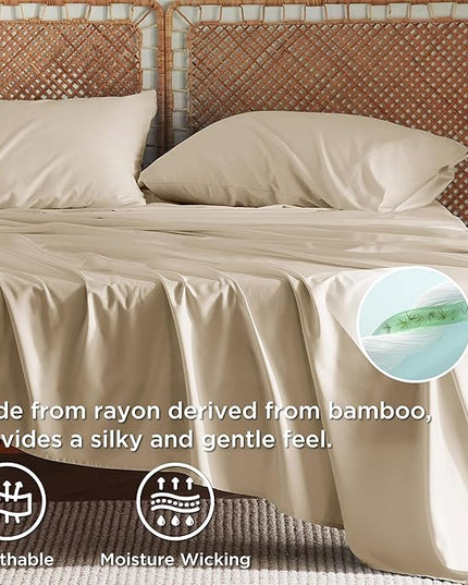 Bedsure King Size Sheet Set, Cooling Sheets King, Rayon Derived from Bamboo, Deep Pocket Up to 16", Breathable & Soft Bed Sheets, Hotel Luxury Silky Bedding Sheets & Pillowcases, Beige