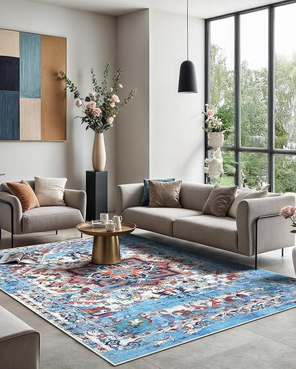 GLN Rugs Traditional Collection - Machine Washable Area Rug, Traditional Washable, Non Slip, Low Pile Chenille Rug, Living Room, Bedroom, Kitchen Rug (6'6"x9'6" Blue)