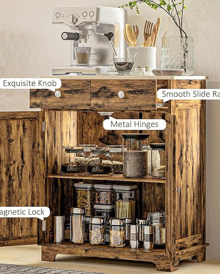 HOMCOM Sideboard with Solid Wood Countertop, Modern Kitchen Storage Cabinet, Coffee Bar Cabinet with 2 Drawers, Doors and Adjustable Shelf, Rustic Brown