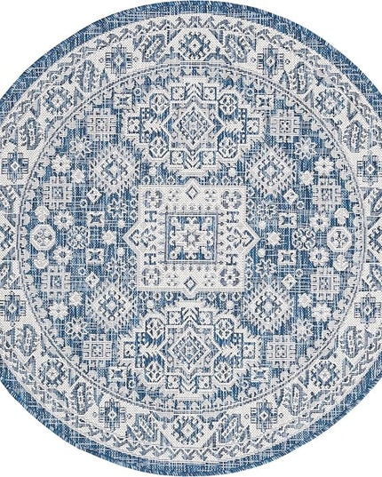 Rugs.com Outdoor Aztec Collection Rug – 4 Ft Round Blue Flatweave Rug Perfect for Kitchens, Dining Rooms
