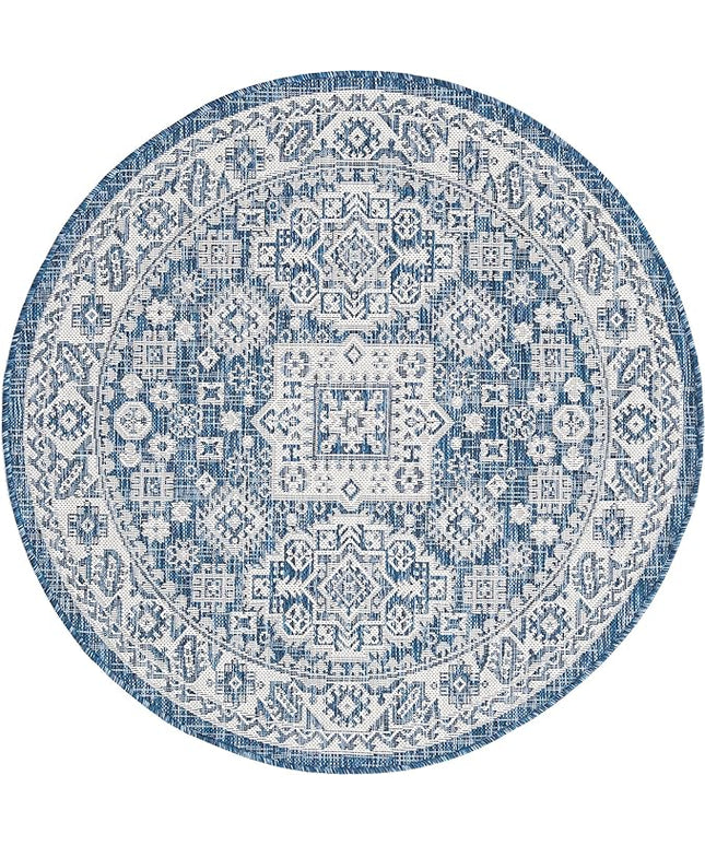 Rugs.com Outdoor Aztec Collection Rug – 4 Ft Round Blue Flatweave Rug Perfect for Kitchens, Dining Rooms