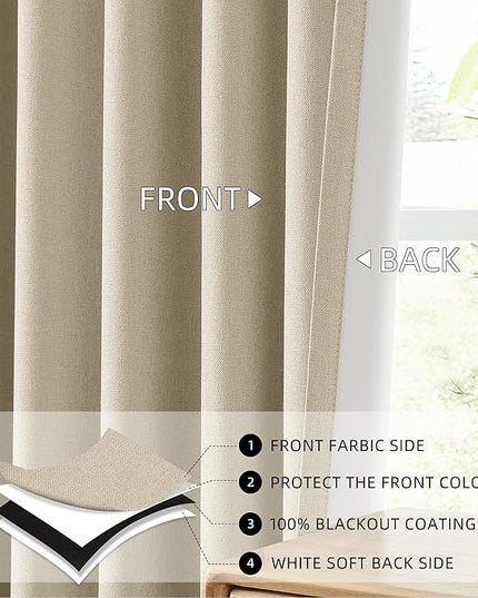 ChrisDowa 100% Blackout Natural Solid Solid Curtains 63 Inches Long 2 Panels for Bedroom Living Room,Farmhouse Room Darkening Thermal Insulated Soundproof Grommet Top Window Treatment Drapes,52x63