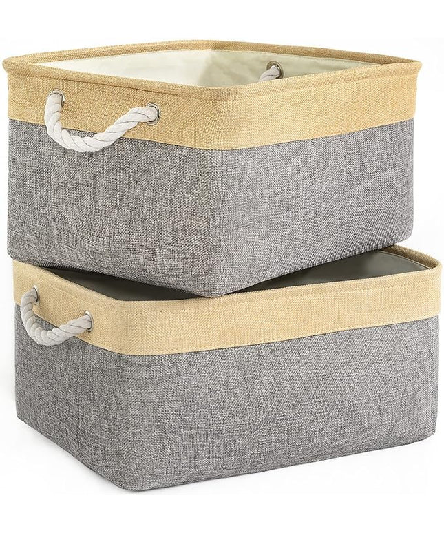 TheWarmHome Storage Basket for Organizing - 3 Pack 14x10x7 inch Large Collapsible Storage Bin for Shelves, Fabric Storage Cubes for Organizer ClosetCloth Gift Toy (Grey & Gold)