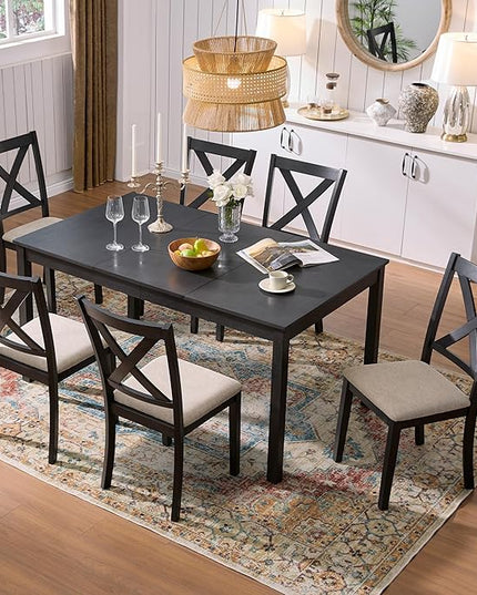 AMERLIFE 7-Piece Farmhouse Dining Table Set with 6 Upholstered Chairs, 60" Space-Saving Dining Table & Chair Set for Dining Room, Kitchen, Small Apartment, Restaurant, Grey & White