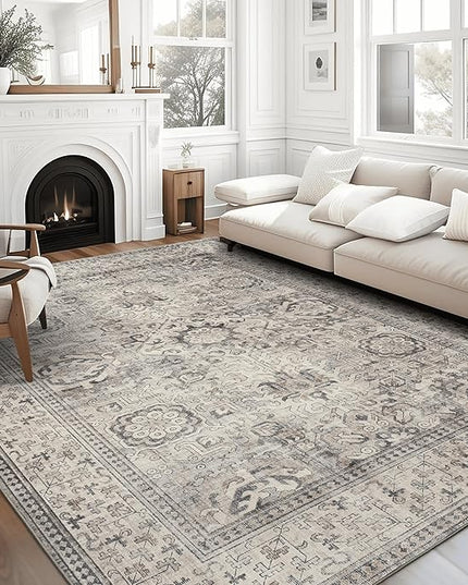 ReaLife Rugs Machine Washable Area Rug Runner - Living Room Bedroom Bathroom Kitchen Entryway Office - Padded Low Pile Stain Resistant Premium - Boho Farmhouse Vintage - Paz - Beige Gray Ivory 3'x5'