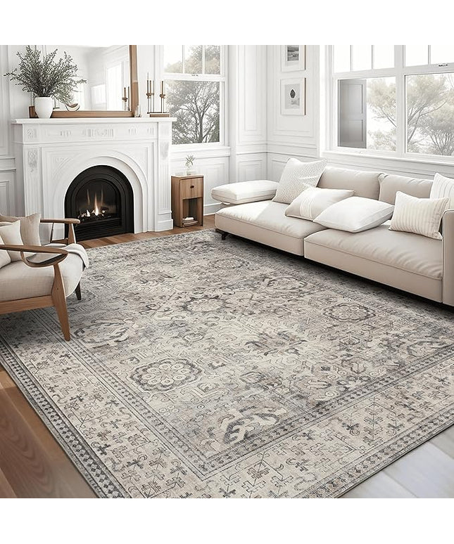 ReaLife Rugs Machine Washable Area Rug - Living Room Bedroom Bathroom Kitchen Entryway Office - Padded Low Pile Stain Resistant Premium - Boho Farmhouse Vintage - Paz - Beige Gray Ivory 5' x 7'