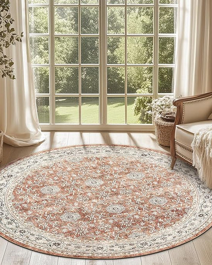 jinchan Round Rug 6ft Washable Circle Soft Rug - Low Pile Vintage 6'Round Indoor Orange Floral Print Stain Resistant Boho Carpet Ultra-Thin Non-Slip for Living Room Nursery Bedroom Dining Room Kitchen
