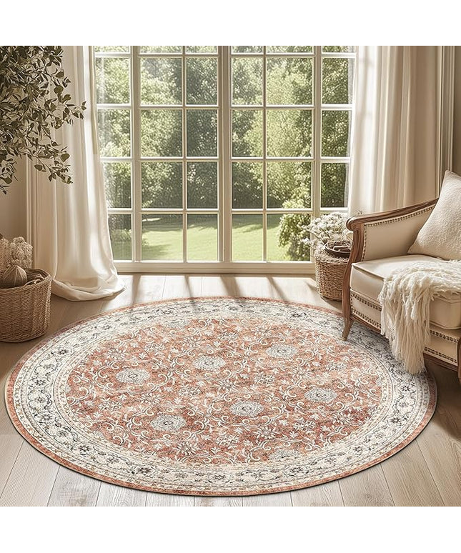jinchan Round Rug 6ft Washable Circle Soft Rug - Low Pile Vintage 6'Round Indoor Orange Floral Print Stain Resistant Boho Carpet Ultra-Thin Non-Slip for Living Room Nursery Bedroom Dining Room Kitchen