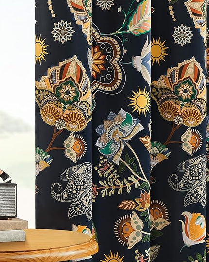 XiDi Navy Blue Vintage Floral Patterned Blackout Curtains 84 Inches Long for Bedroom Living Room 2 Panels Thermal Insulated Luxury Modern Curtains Dark Botanical Leaf Printed Design Grommet Drapes