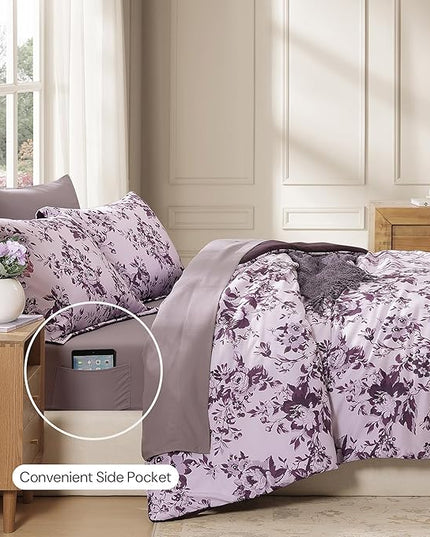 King Comforter Set -7 PiecesDeep Purple Floral Comforter Set for All Seasons, Bed in a Bag King with Botanical Flowers Comforter, Sheets, Pillowcases & Shams