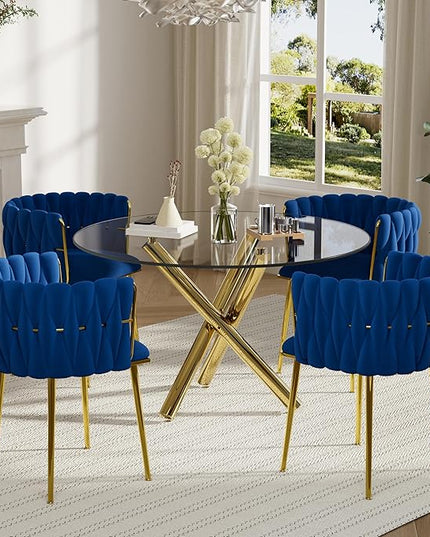 Modern Luxury Round Glass Dining Set for 4, 5 Piece Clear Minimalist Circle Glass Top Dinner Room Set, 39'' Small Circular Kitchen Table and Navy Blue Woven Set of 4, for Apartment (Golden)