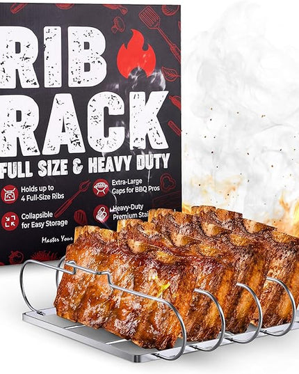 Rib Rack for Smoking & Grilling, Holds up to 4 Full Racks of Ribs, Foldable Design, Fits Large Gas Smoker or Charcoal Grill, Perfect BBQ Accessory, Smoker Accessories, Gifts for Men, Father