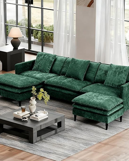 Modular Sectional Sofa,143.31'' Modern Sofa Sleeper Couch,Comfy Cloud Couches with 3 Seat & 2 Ottoman & 3 Pillows Sofa Set,Deep Seat Sofa with Movable Ottoman for Living Room,Chenille(Green, U Shaped)