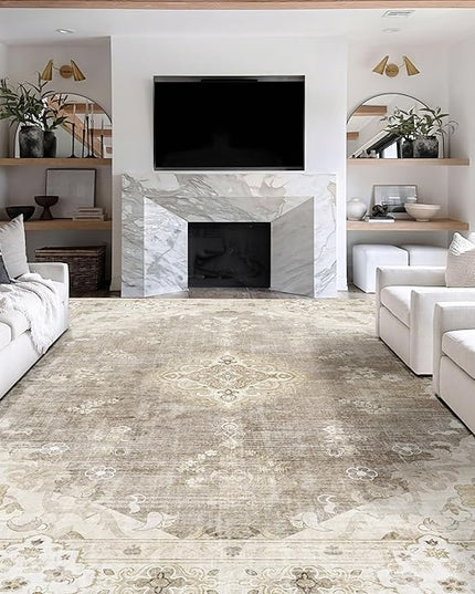 MUJOO 9’x12’ Area Rug Large Rugs for Living Room Bedroom Dining Room,Boho Washable Non Slip Bohemian Vintage Distressed Farmhouse Non Slip Big Carpet,Beige Floral Flowers