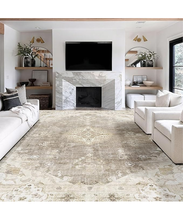 MUJOO 9’x12’ Area Rug Large Rugs for Living Room Bedroom Dining Room,Boho Washable Non Slip Bohemian Vintage Distressed Farmhouse Non Slip Big Carpet,Beige Floral Flowers