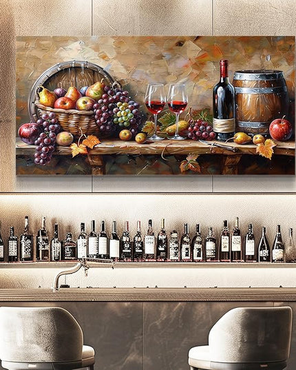 XIGUANGART Wall Art for Kitchen Grape Barrel Painting Red Wine Glass Artwork Prints for Dinning Room Bar Large Canvas Wall Decor for Living Room Office Fruit Still Life Picture Modern Home Decoration