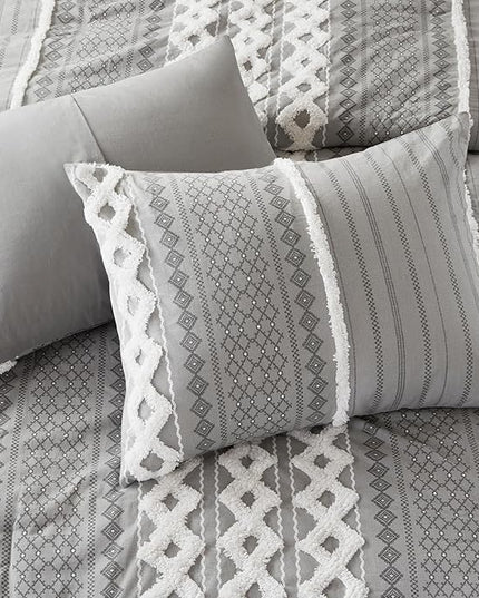 INK+IVY Imani 100% Cotton Duvet Mid Century Modern Design, All Season Comforter Cover Bedding Set, Matching Shams, King/Cal King, Gray Chenille Tufted Accent 3 Piece