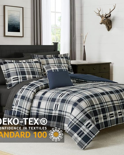 MaiRêve Queen Size Comforter Set Navy Blue, Classic Plaid Farmhouse 7 Pieces Bedding Set, All Season Lightweight Bed in a Bag with Sheets, Pillowcases & Shams