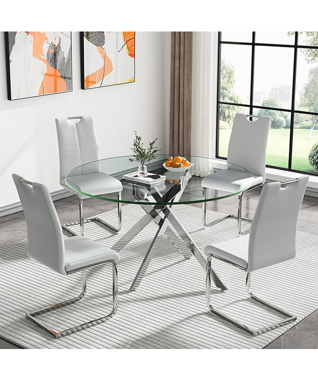 HomVent 5 Piece Round Glass Dining Table Set, Round Glass Kitchen Table Set for 4 with 4 PU Upholstered Dining Chairs for Kitchen Dining Room
