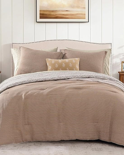 Full Comforter Set - 7 Pieces Dark Brown Gauze Muslin Bedding Sets for All Seasons, Lightweight Breathable Bed in a Bag Full with Revesible Farmhouse Comforter, Sheets, Pillowcases & Shams