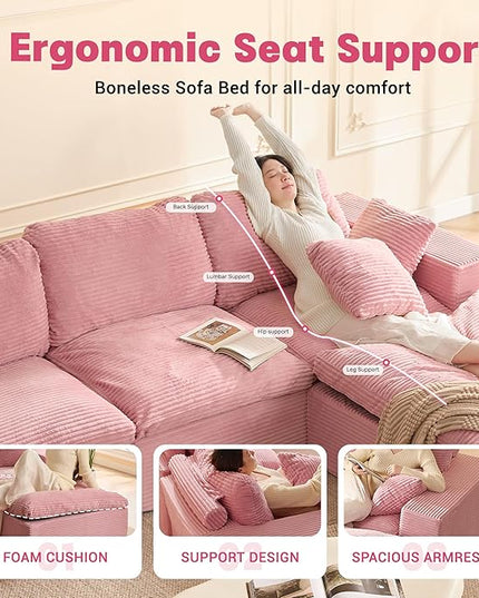 106.3” Sectional Couches for Living Room, Cloud Couch, Modular Sectional Sofa, Convertible Sofas Bed, Deep Seat Sofa, L Shaped Cozy Sofa Furniture Set, Corduroy, Pink