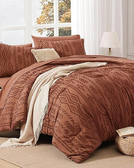 Full Size Comforter Set Autumn Leaf, Tufted Boho Bedding Farmhouse Bed Set, All Season 7 Pieces Bed in a Bag with Sheets, Pillowcases & Shams