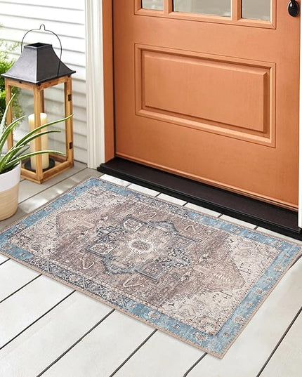 GLN Rugs Traditional Collection - Machine Washable Area Rug, Traditional Washable, Non Slip, Low Pile Chenille Rug, Living Room, Bedroom, Kitchen Rug (2'x3' Brown/Blue)