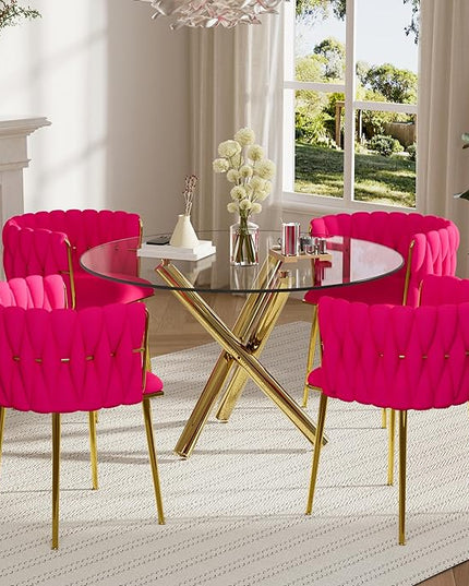 Gold Round Glass Dining Table Set for 4, 39'' Clear Dinner Table Set, 5 PCS Modern Circle Kitchen Table and Rose Red Woven Chairs Set, Luxury Circular Dinette Set, for Small Apartment