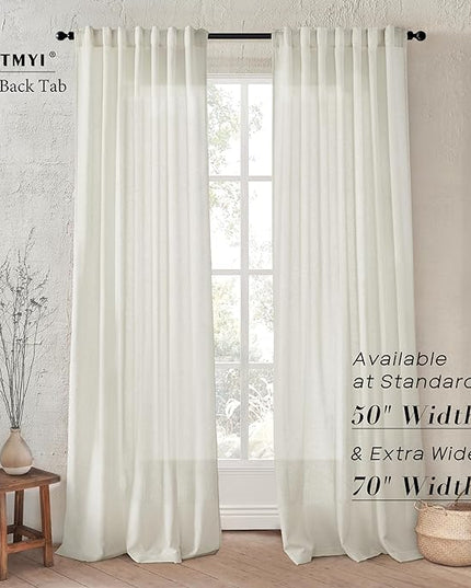 XTMYI 90 Inches Long Sheer Linen Curtains 2 Panels Set,Hook Tape Back Tab Semi Sheer Cotton Blend Fabric Modern Cottage Core Cottagecore Curtain Drapes for Living Room Bedroom,50x90 in Length
