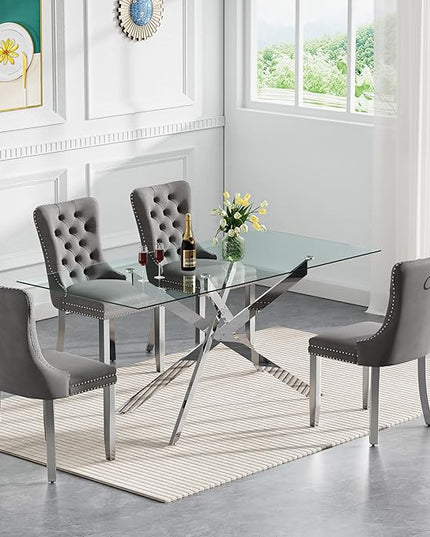 Rectangle Glass Dining Table Set for 4, 60'' Kitchen Table and Chairs Set, 5PCS Modern Dining Room Table Set with 4 Velvet Dining Chair for Home