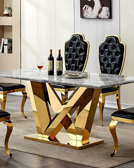 70 Inch Modern Rectangular Dining Table for 6, Faux Marble Top with Mirrored Stainless Steel Base, Large Kitchen Table for Dining Room, Living Room, Office, Conference, (Table Only) (Gold + Grey)