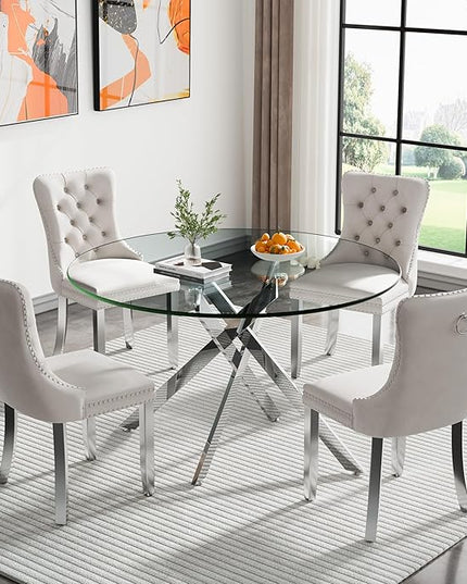 Round Glass Dining Table Set for 4, 47'' Clear Circular Kitchen Table and Chairs Set, 5PCS Modern Circle Dining Room Table Set with 4 Velvet Dining Chair for Home