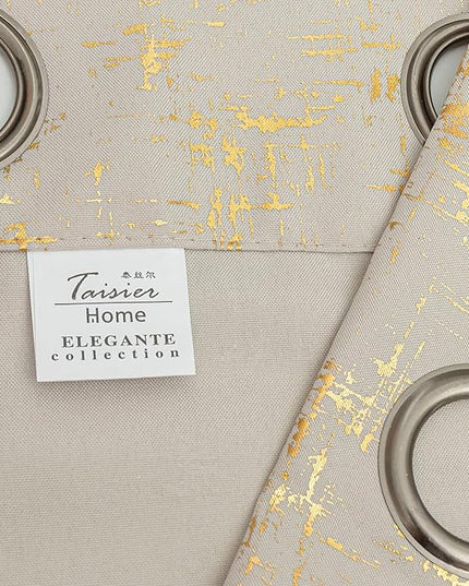 Taisier Home Gold Foil Print Linen Textured Curtains - Geometric Dots Pattern Design for Nursery, Toy Room - Thermal Insulated Window Treatment, 2 Panels, 45" L, Beige and Gold