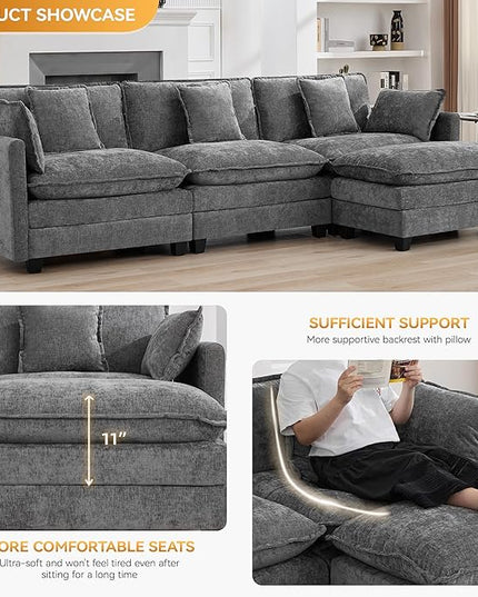 111'' Sectional Cloud Deep Seat Couch, Modern Comfy Chenille L Shaped Sectional Sofa for Living Room Set, Upholstered Modular 4-Seats Sofa Couch with 1 Movable Ottoman, Grey