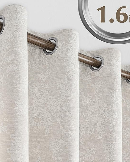 FMFUNCTEX Beige Floral Jacquard Blackout Curtains 90 Inches Long for Bedroom, Scroll Flower Chenille Farmhouse Curtains for Living Room Darkening Thermal Insulated Grommet Window Drapes 2 Panels