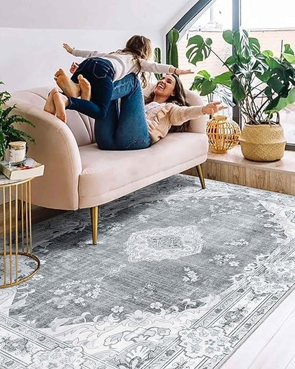 MUJOO Boho Rug 4'x6.5',Grey Area Rugs for Bedroom Living Room Dining Room,Machine Washable Non Slip Carpet Vintage Bohemian Distressed Farmhouse,Floral