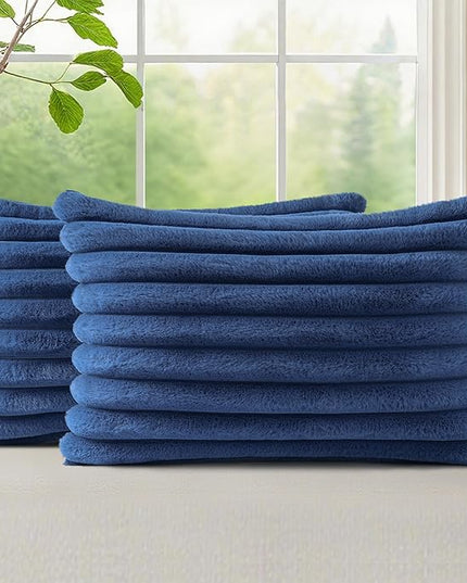 decorUhome Faux Fur Spring Throw Pillow Covers 12x20 Set of 2, Decorative Soft Plush Striped Lumbar Neutral Couch Euro Pillow Covers with Velvet Back for Sofa, Bed, Living Room Home Decor, Blue