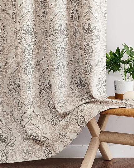jinchan Linen Textured Curtains for Living Room Darkening 90 Inch Length, Medallion Drapes for Bedroom, Damask Pattern Window Treatments Vintage Curtain Panels, 2 Panels Taupe on Greige