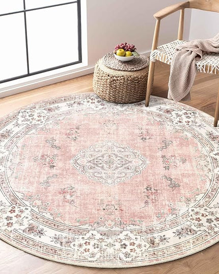 MUJOO Pink Round Rug 4ft,Circle Washable Area Rugs for Bedroom Living Room Bathroom,Boho Small Non Slip Circular Carpet,Blush Floral