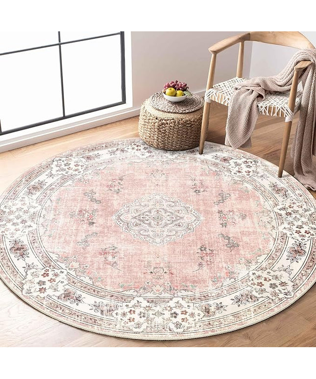 MUJOO Pink Round Rug 4ft,Circle Washable Area Rugs for Bedroom Living Room Bathroom,Boho Small Non Slip Circular Carpet,Blush Floral