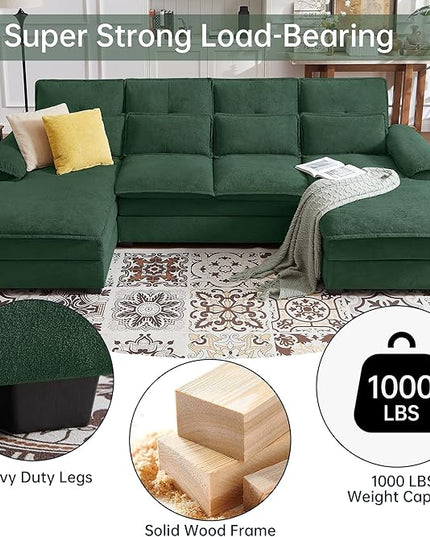 110" Convertible Sectional Sofa, U Shape Cloud Couch, Comfy Couches with Double Chaise and Sleepable Armrests, 4 Seats Sectional Couches for Living Room, Green