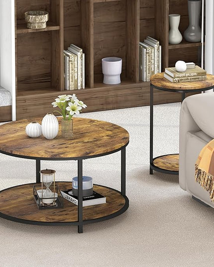 NSdirect Round Coffee Table, 25.6" Small Coffee Table for Living Room,2-Tier Rustic Wood Desktop with Storage Shelf Modern Design Home Furniture(Brown)
