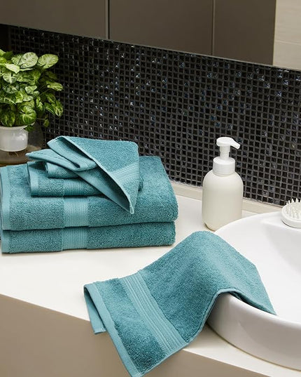 Amazon Basics Fade Resistant Bath, Hand and Washcloth Towel Set, 100% Cotton, Set of 6, 30 x 54 inches, Teal Green